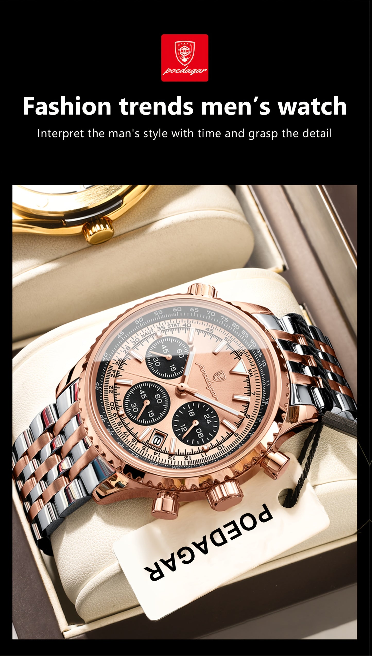 POEDAGAR Men's Luxury Stainless Steel Watch, Chronograph, Calendar, Date Display, Green Dial with Black Bezel & Roman Numerals, Quartz Movement, Casual to Business Style, Suitable for Women