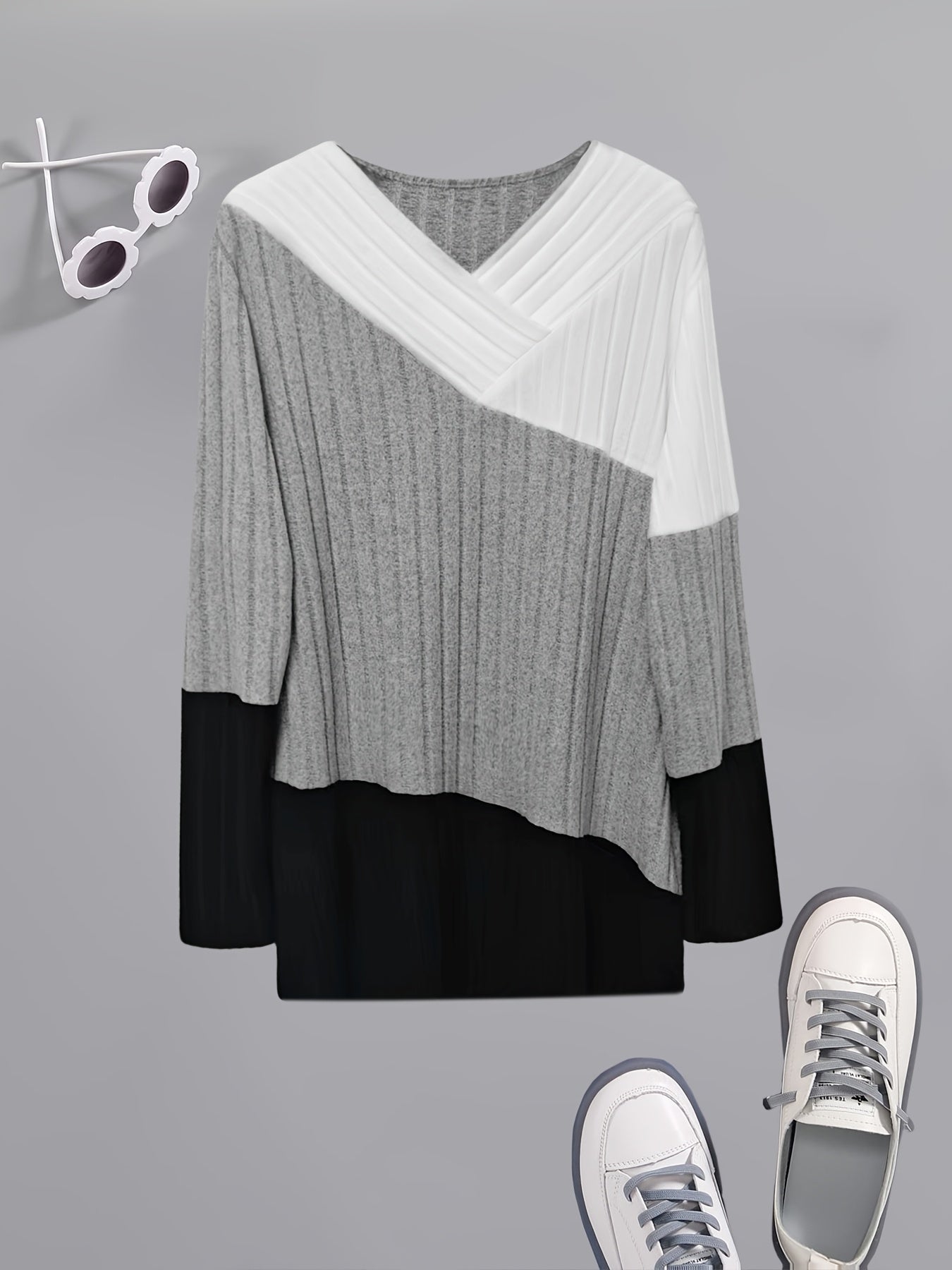 Elegant Color Block V-Neck սվիտեր կանանց համար - Ձգվող պոլիեսթեր, մեքենայով լվացվող, կատարյալ գարնան և աշնան համար
