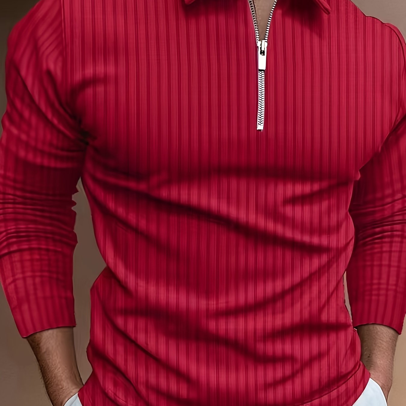 Men's Casual Sports Ribbed Long Sleeve Zipper Lapel Golf Shirt, Spring And Fall