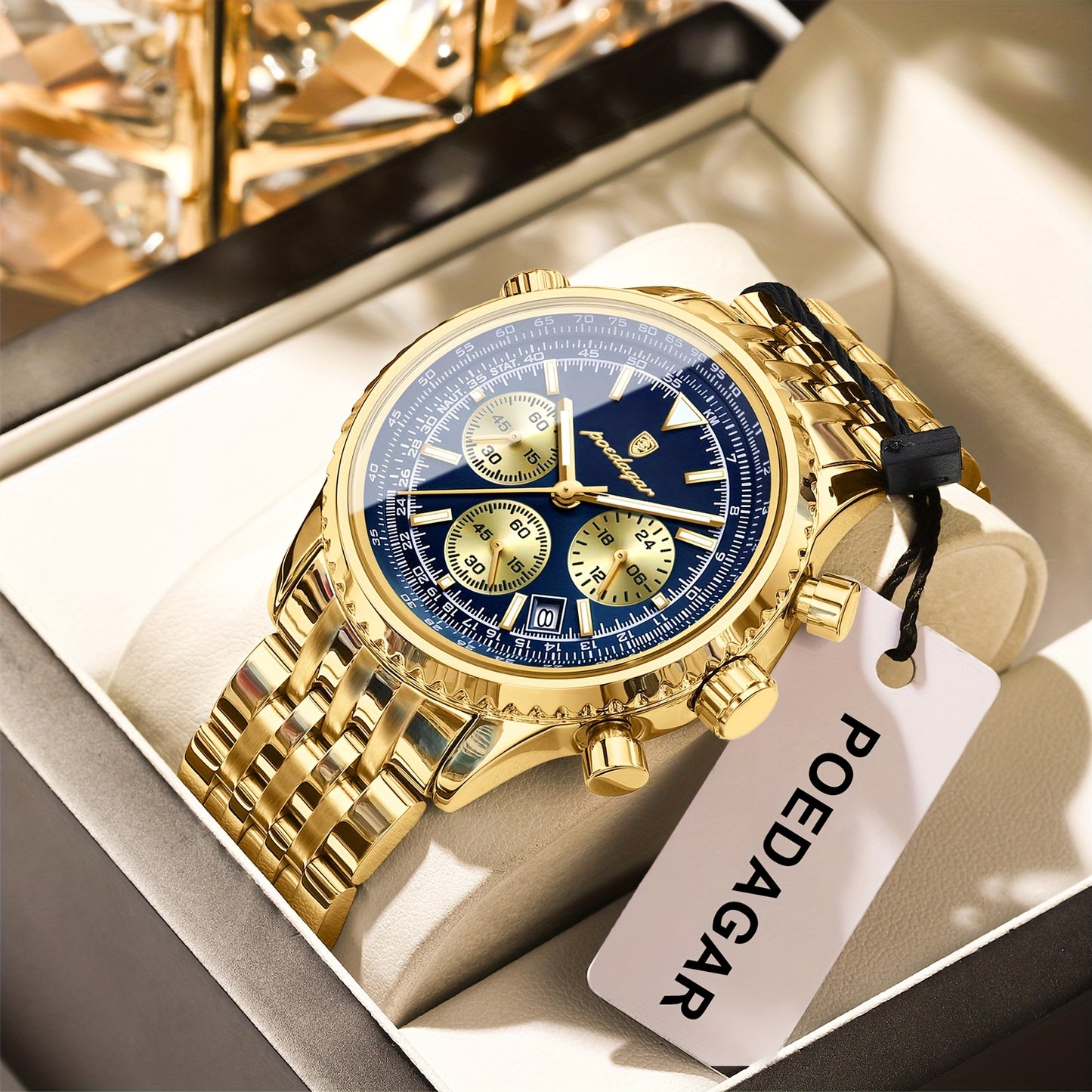 POEDAGAR Men's Luxury Stainless Steel Watch, Chronograph, Calendar, Date Display, Green Dial with Black Bezel & Roman Numerals, Quartz Movement, Casual to Business Style, Suitable for Women