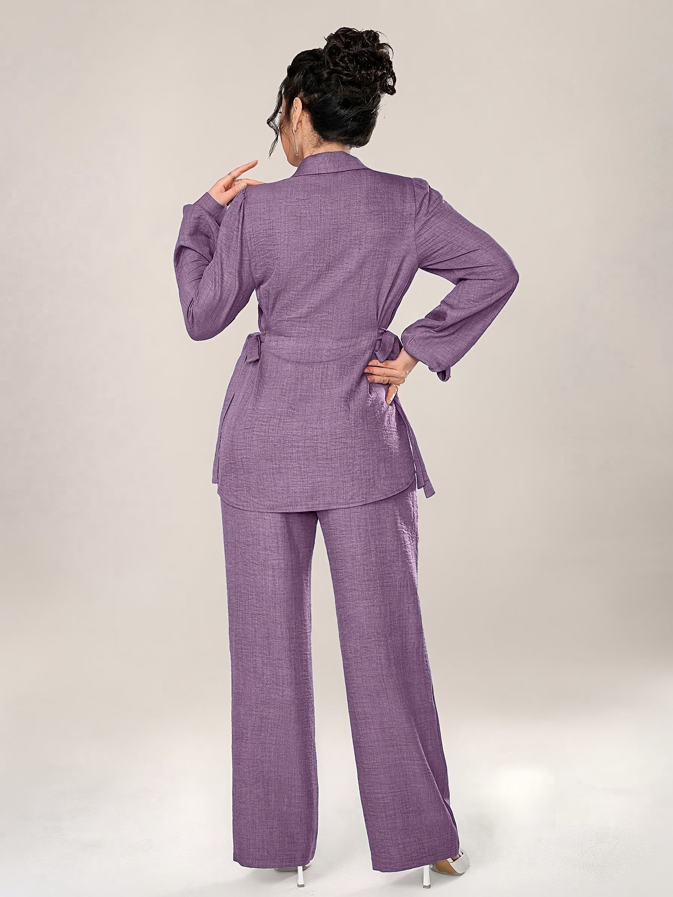 Stylish and Elegant Casual Two-Piece Women's Outfit with Side Tie Single-Breasted Shirt and Wide-Leg Pants for Office Wear
