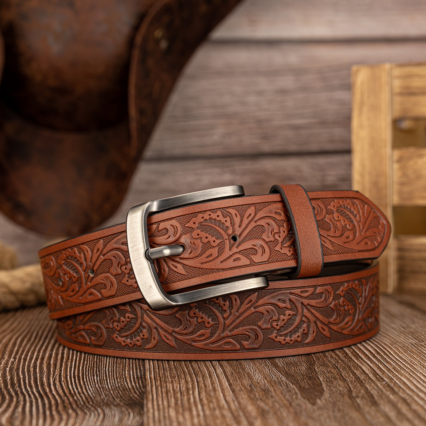 Preppy Style Men's Embossed PU Leather Belts with Vintage Leaf Pattern and Alloy Shaped Buckle