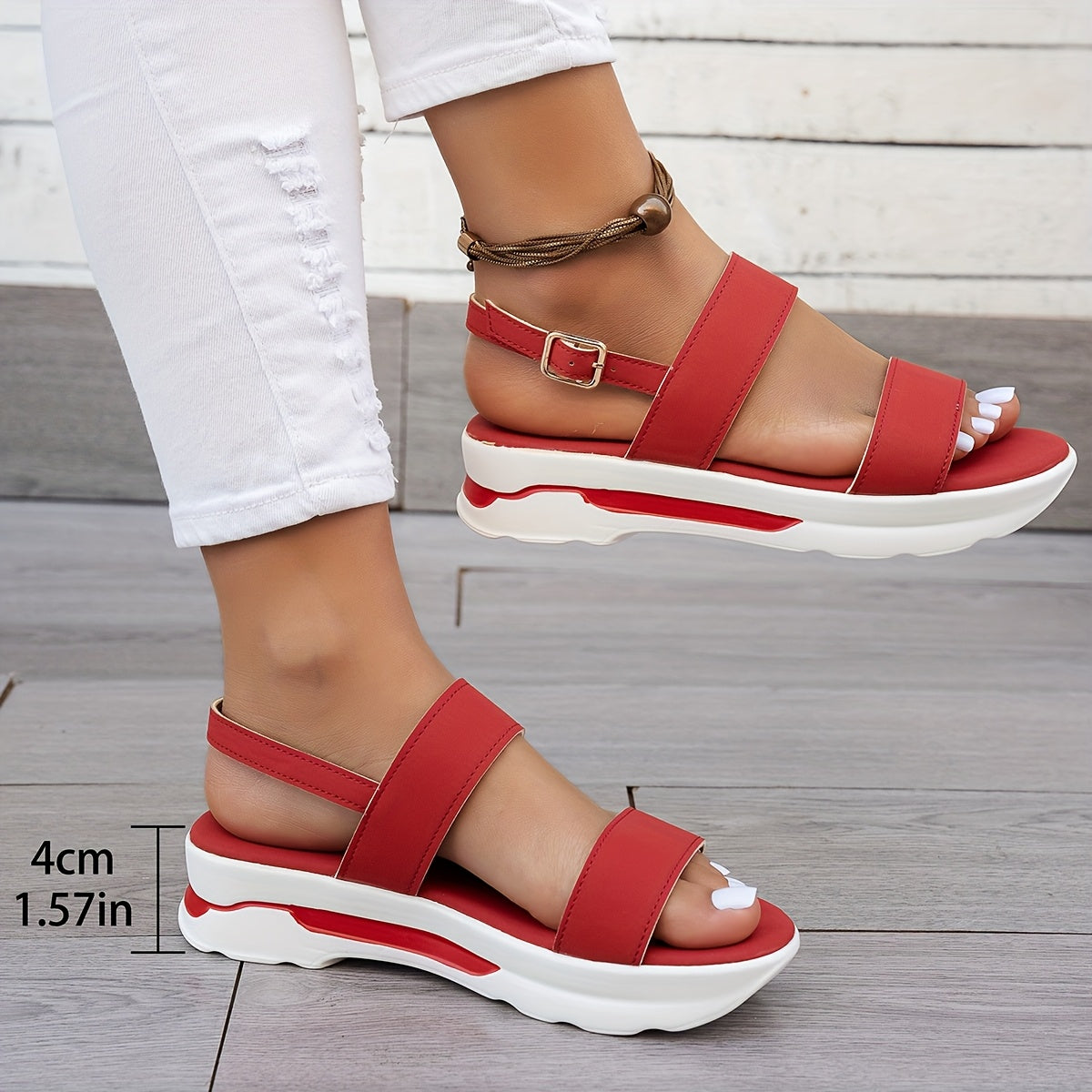 Women's Summer Plain Color Wedge Sandals, Casual Open-Toe Simple Thick Sole Beach Shoes with Comfortable Ankle Strap Wedges