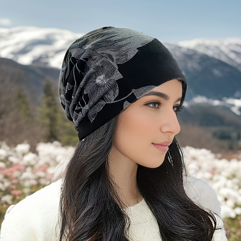 Boho-Chic Floral Print Beanie for Women - Stretchy, Lightweight & Warm Knit Cap for Autumn/Winter Outdoor Activities, Brimless, Bohemian Style