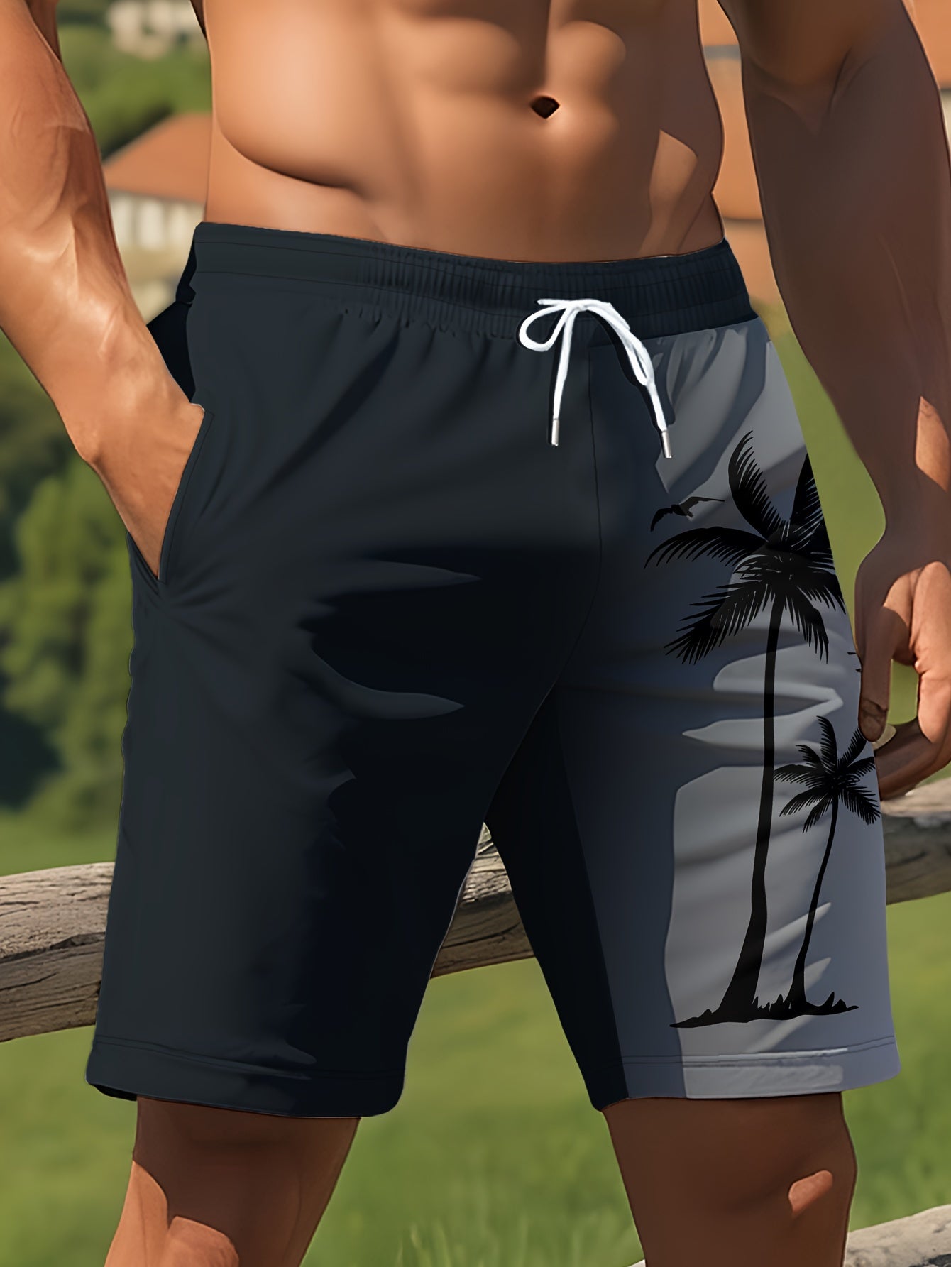 Men'S Summer Beach Shorts - Casual Printed Pants with Elasticity, Polyester Knit Fabric, Regular Fit