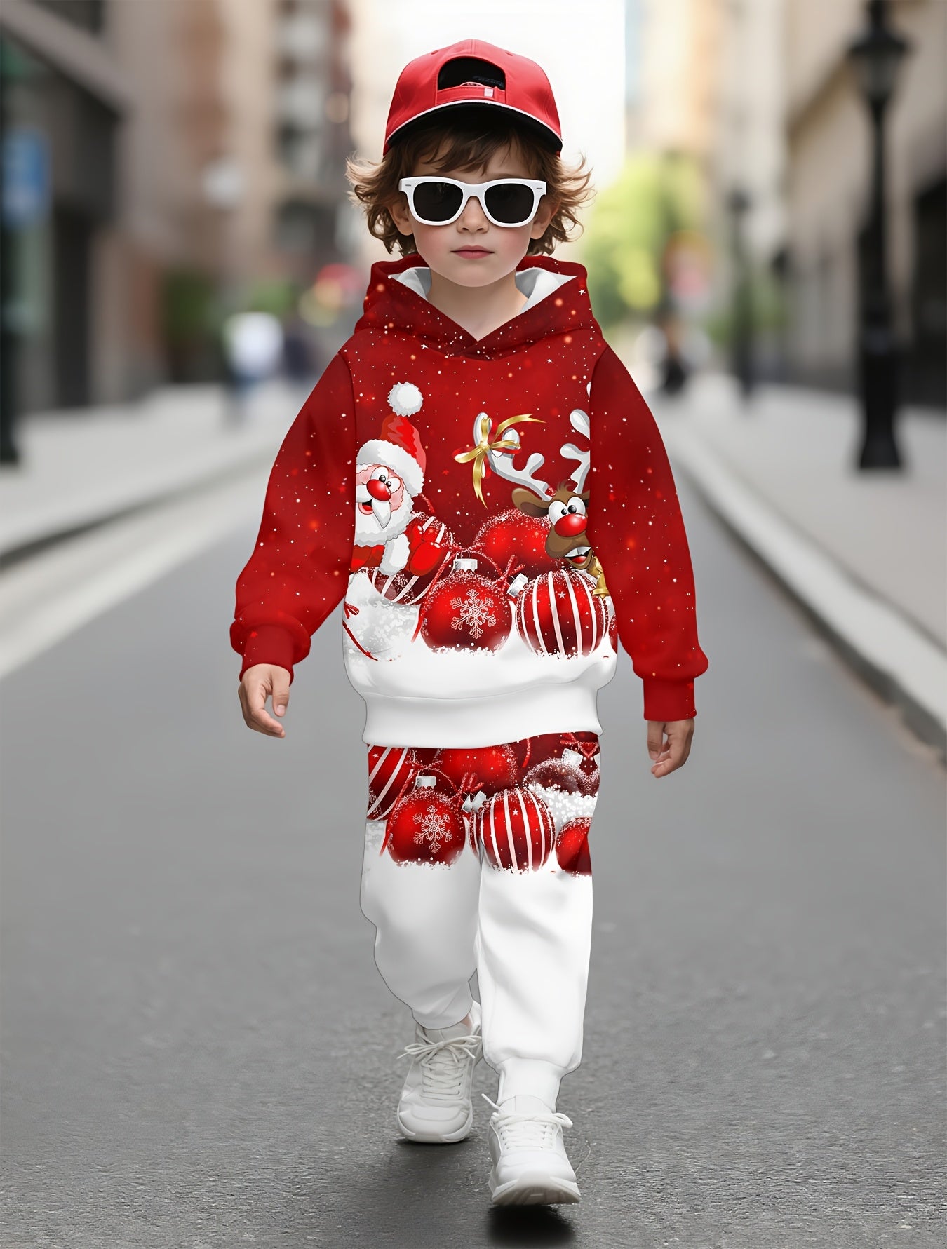 Գարնանային և աշնանային տղաների համար նախատեսված գլխարկով սվիտերի 2 հատանոց հավաքածու, կարմիր և սպիտակ պոլկա ամանորյա զով 3D նվերի նախշ, համապատասխան վերնաշապիկ և վազորդ, հարմար է դրսի և ներքին օգտագործման համար