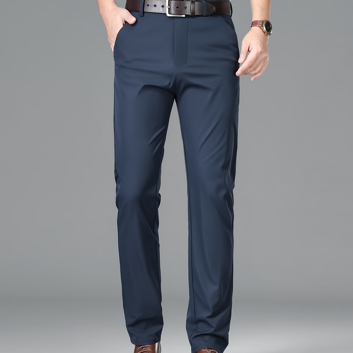 Men's Lightweight Summer Casual Pants, Slim Straight Fit, Polyester, Mid-Rise, Built-in Zipper, Regular Length - Ideal for Casual Attire