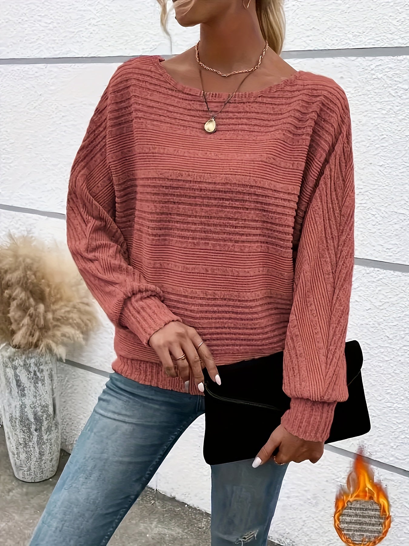 1 հատ Women'S Casual Crew Neck Knit T-shirt - պոլիեսթեր պինդ գույնի երկարաթև վերնաշապիկ գարնան/աշունի համար