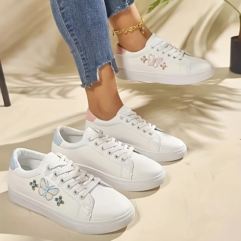 Ladies Butterfly Casual Sports Shoes, White Low-Top Lace-Up, Colorful Butterfly Pattern, Round Toe, Synthetic Upper, Plastic Sole, Non-Woven Fabric Insole and Inner Material, with Hand Wash or Professional Dry Clean Operation