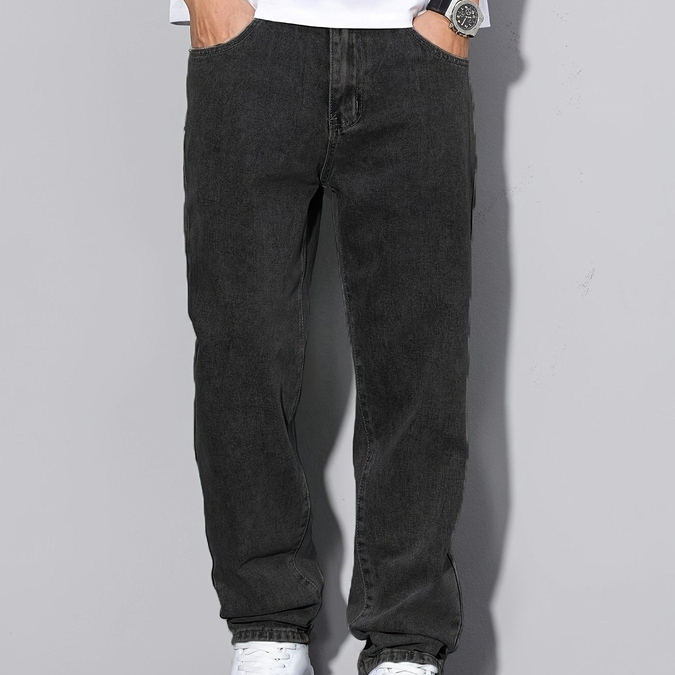 Men's Classic Straight Leg Denim Jeans - Loose Fit, Cotton Blend, Solid Color Black, Street Style, Comfortable & Versatile for All Seasons, Casual Streetwear|Street Style Pants|Nonstretch Fabric