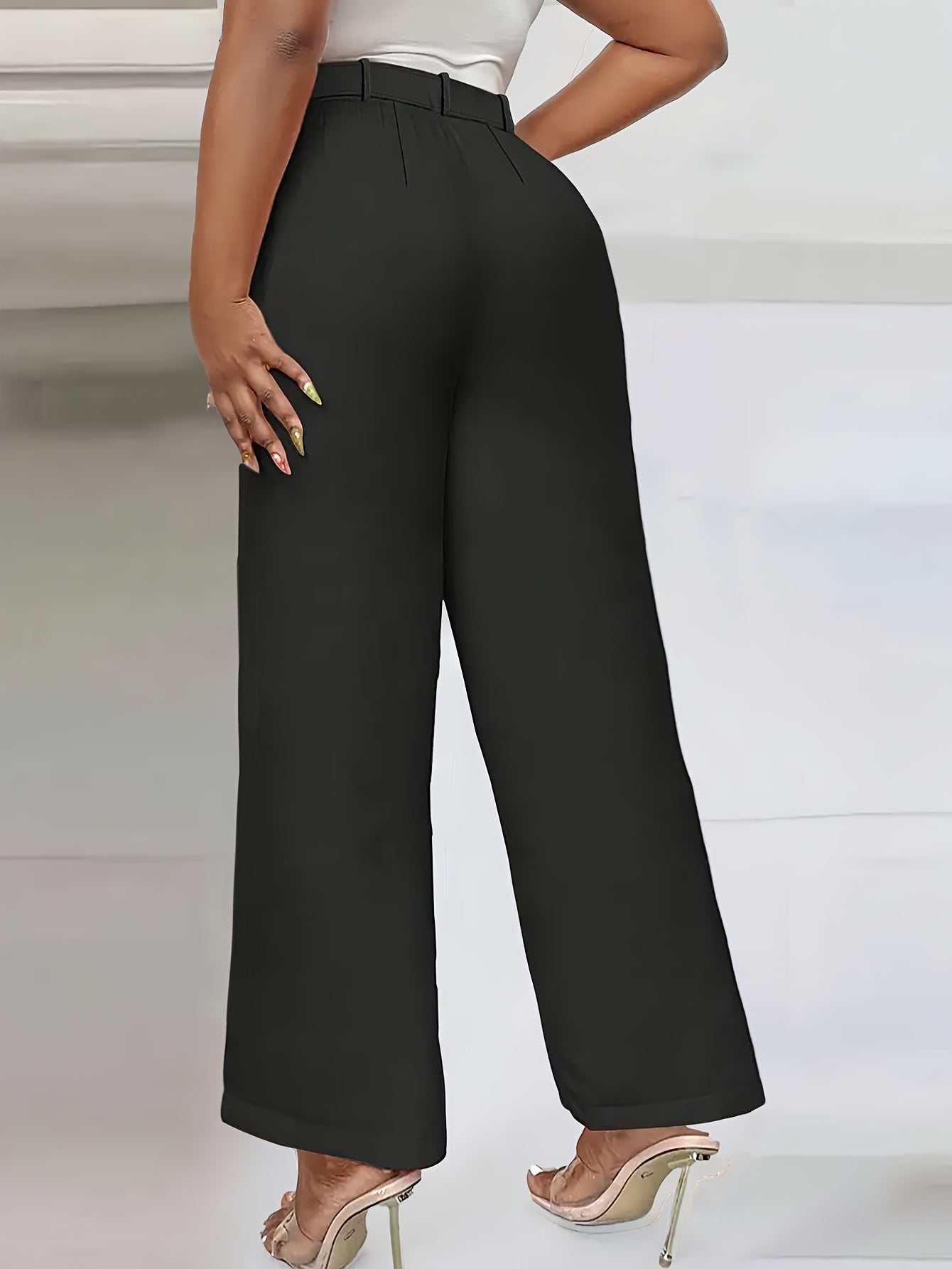 Women'S High-Waist Button-Detail Casual Straight Leg Pants, Solid Color, Polyester, with Belt, for All-Season Woven Trousers