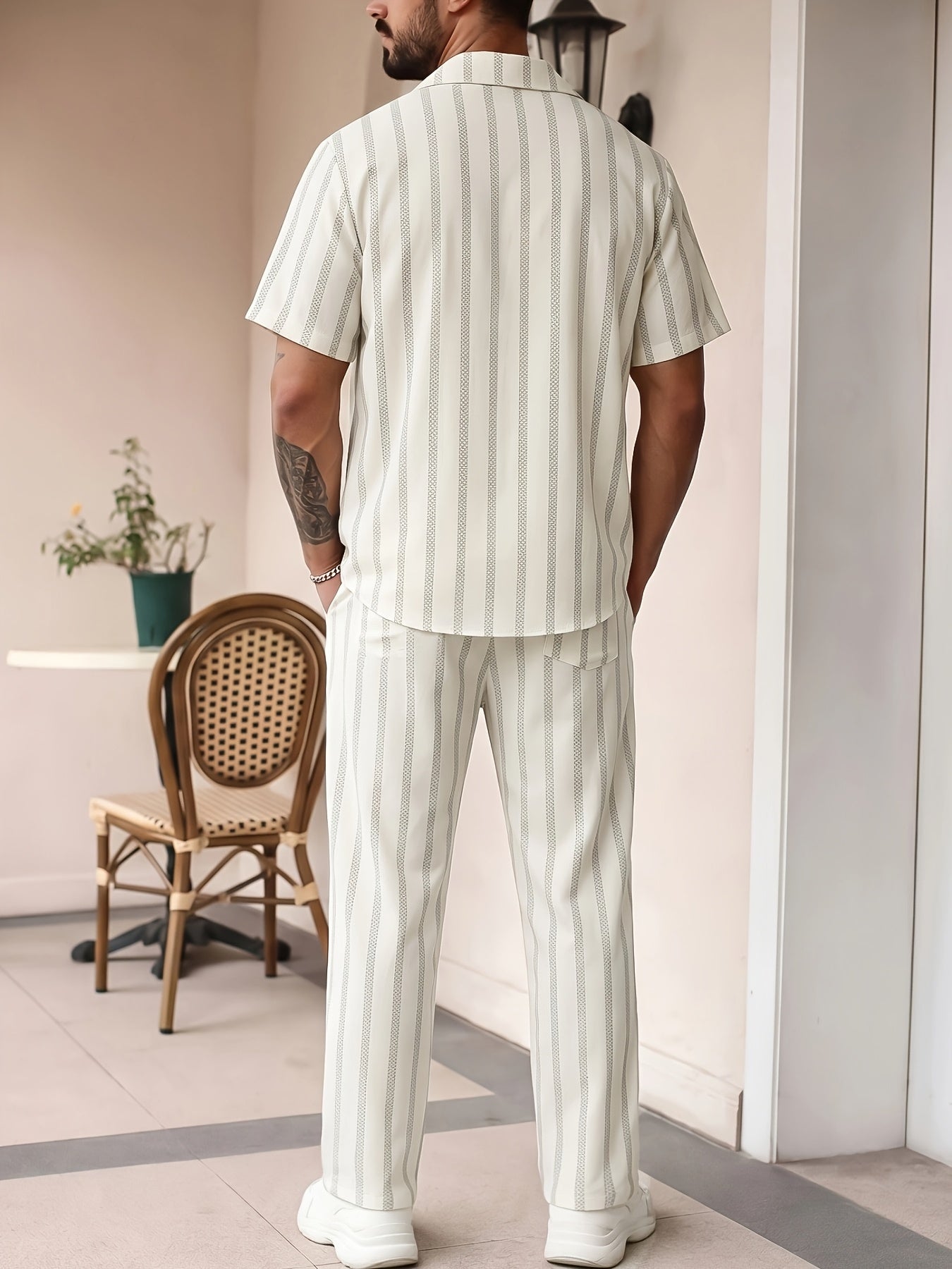 Men's Summer Vertical Stripe Suit Set with Lapel Shirt & Pants