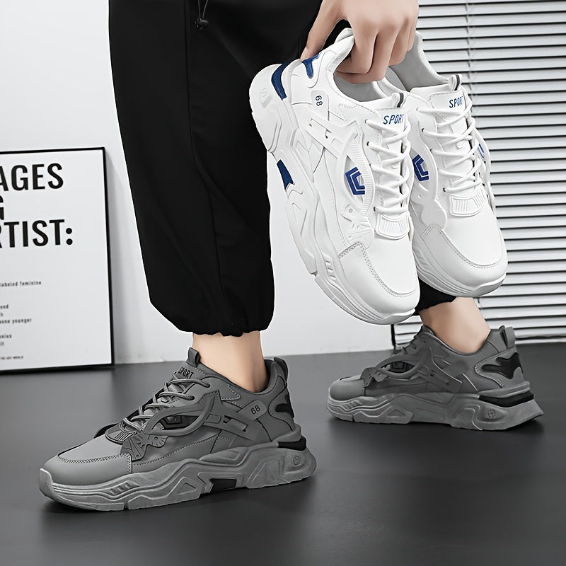 Men's White Blue Geometric Accent Casual Sneakers - Low-Top Lace-Up Breathable PU Upper, Cushioned EVA Insole Durable Rubber Sole for All-Season Casual Attire, Shoes Sneakers, Allseason Footwear, Sleek Shoe Design, Fabric