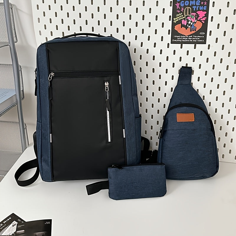 Three-piece minimalist computer backpack set, consisting of a lightweight shoulder bag, chest bag, and wallet, suitable for daily commuting and business use