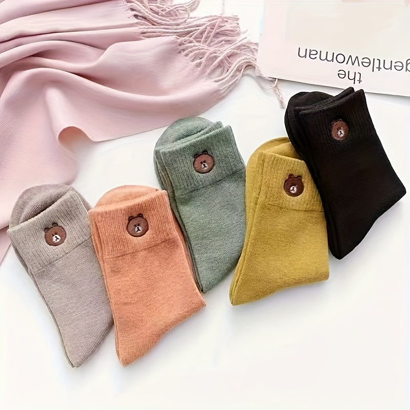 5 pairs of four-season cute bear solid color socks