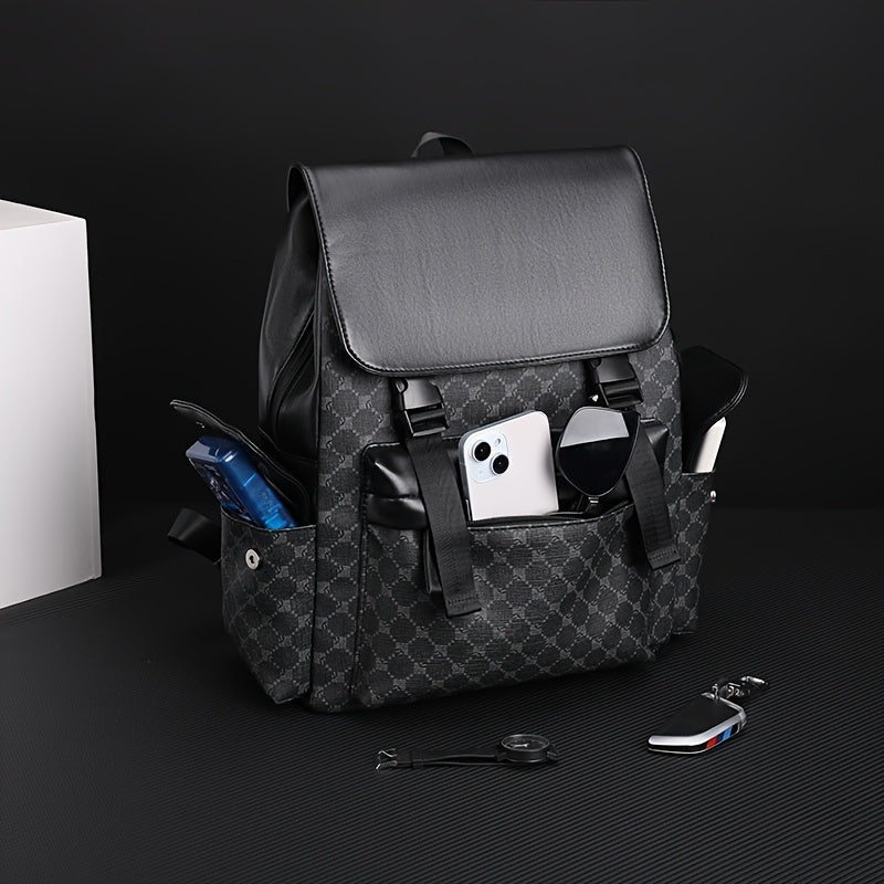 Men'S Stylish Black Brown Gingham Print Backpack - Versatile Commuter Bag with Multiple Pockets, Adjustable Straps, and Golden-Tone Hardware for Work, Travel, and Study, Travel Backpack Gingham Pattern Synthetic Backpac