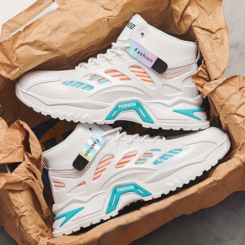 Fashion Mid-Top Sneakers for Men - Casual Street Style Athletic Shoes with Graphic Pattern, Lace-Up Closure, All-Season Round Toe Trainers with PU Upper, Fabric Lining Insole, Anti-Slip PVC Sole