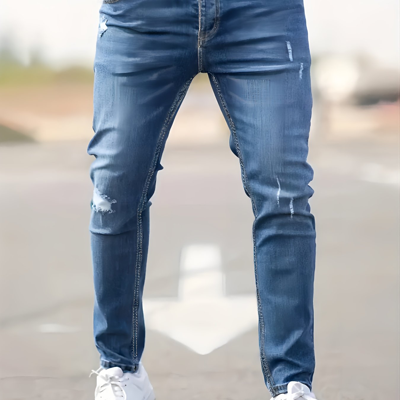 Men's Slim Fit Stretch Denim Jeans - Casual, Breathable & Machine Washable with Ripped Detail