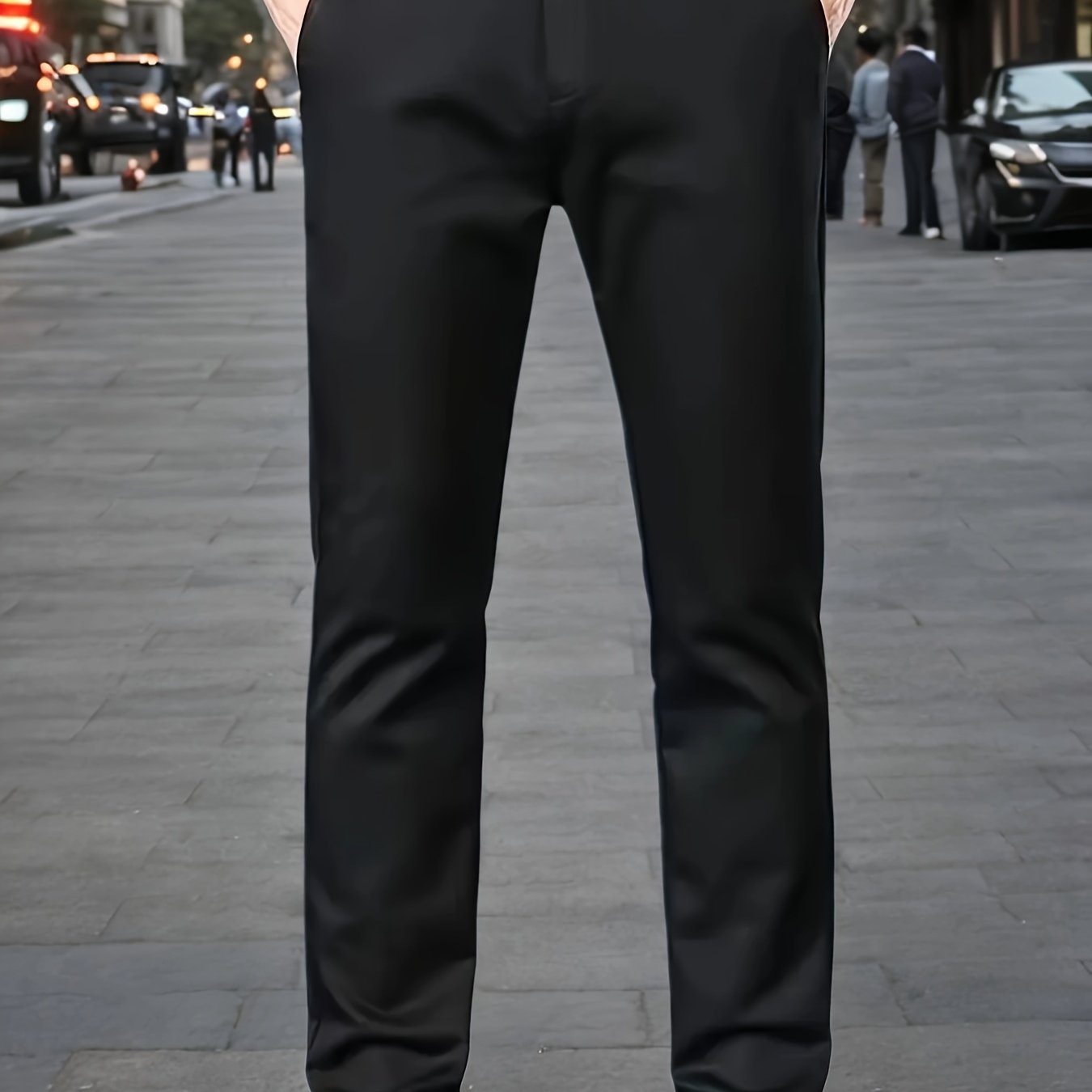 Men's Sleek Stretch Dress Pants - Solid Color Black, Comfort Fit with Subtle Stretch, Polyester Fabric, Mid-Rise, Machine Washable, Perfect for Business Casual & All-Season Wear, Business Casual Pants | Sleek Trousers | Easyc