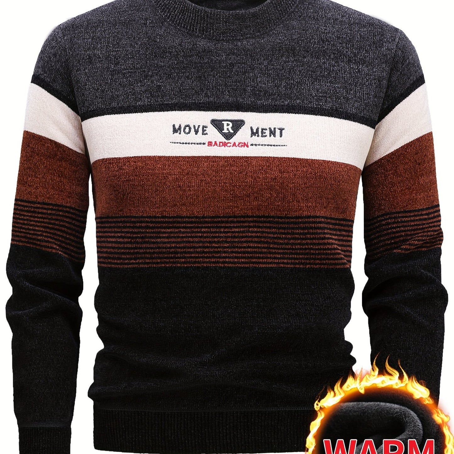 Temujin Men'S Winter Round Neck Sweater with Fleece, Knitted with Embroidered Stripes And Casual Letters for Warmth And a Fitted Style