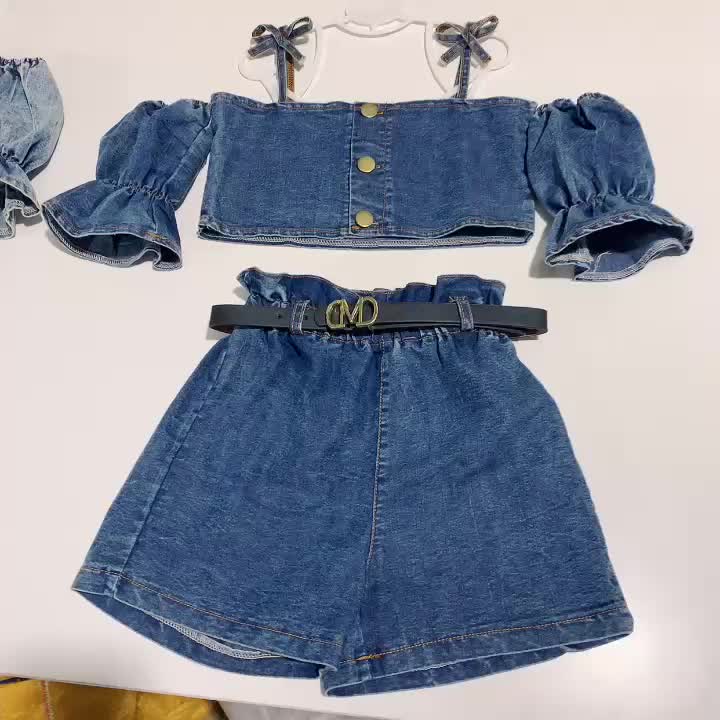 2 հատ Toddler Girls Puff Sleeves Cold Shoulder Button Crop Top & Paperbag իրան շորտեր Ջինսե հավաքածու Մանկական ամառային հագուստ