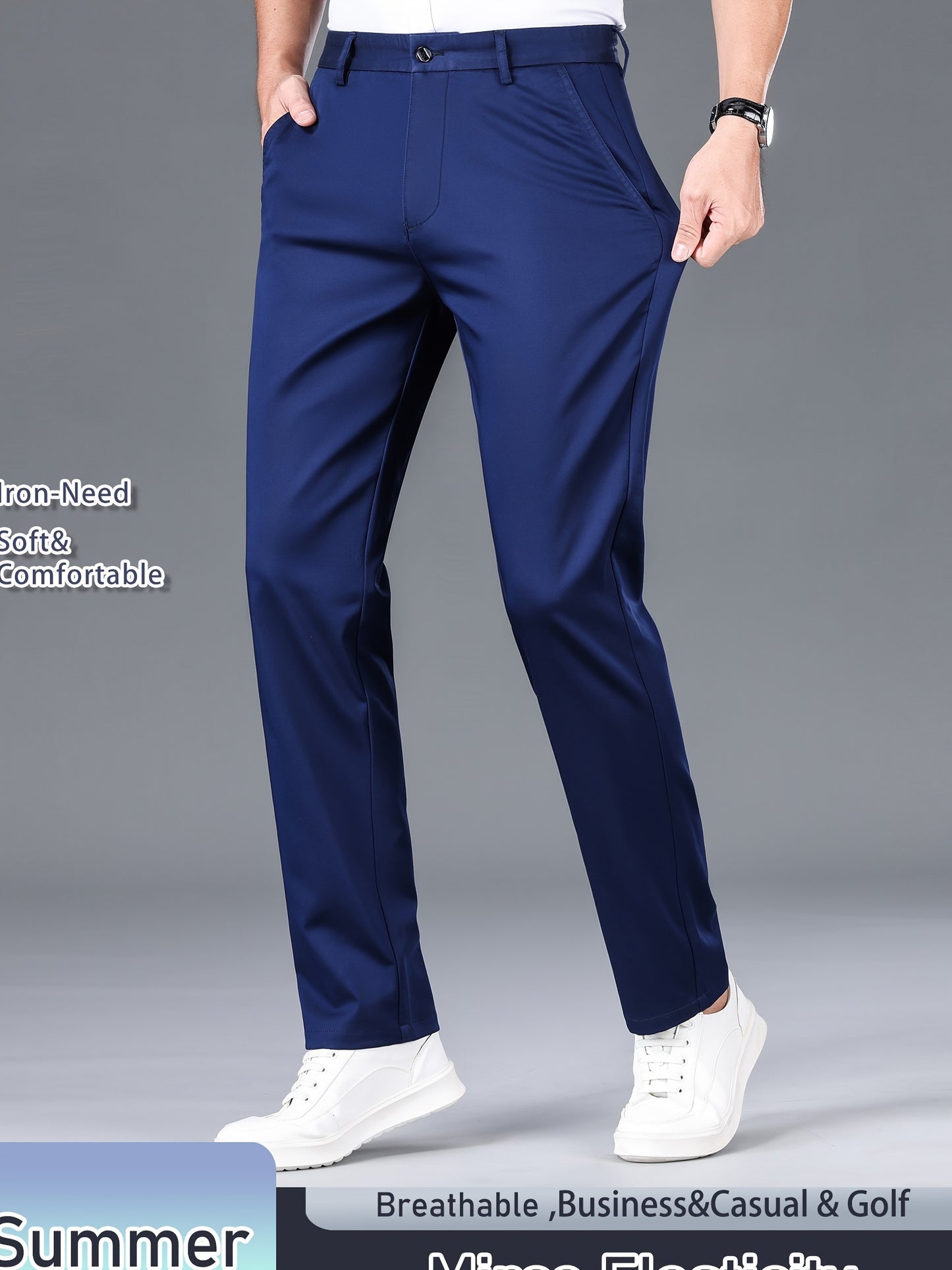 Men's Solid Color Straight Leg Business Style Cotton Blend Pants, Casual Comfy Breathable Outdoor Trousers As Gift