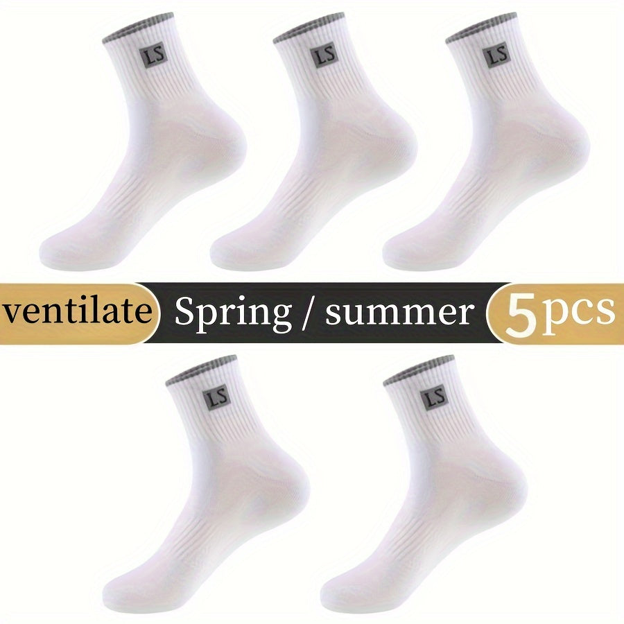5/10 Pairs Of Men's Trendy Solid Crew Socks, Spring and Fall Breathable Comfy Casual Socks for Men's Outdoor Wearing All Seasons Wearing