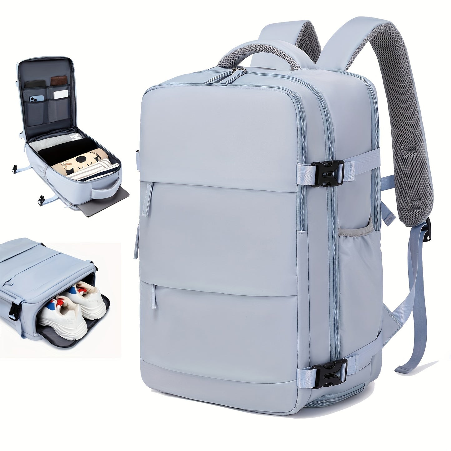 Airline-Approved 38.1cm Laptop Travel Backpack for Women, Light Blue Polyester with Adjustable Straps, Shoe Compartment & USB Charging Port - Ideal for School & Work Trips, Laptop Bag