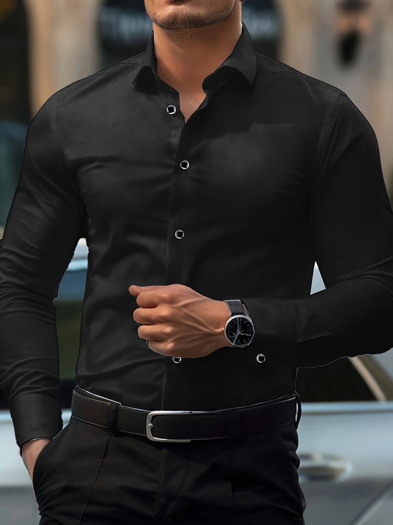 Men'S Elegant Black Long Sleeve Dress Shirt with Geometric Pattern - Polyester, Slim Fit, Button-Up, All-Season Wear, Stylish Lapel Collar, Perfect for Formal and Casual Events, Formal Attire|Slim Fit Shirt|Reflective Details