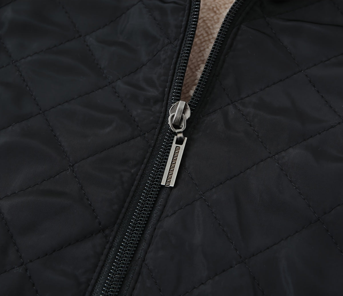 Women's Plus Size Quilted Hooded Jacket - Warm, Casual Long Coat with Faux Fur Trim, Zipper Closure, and Diamond Pattern Stitching - Ideal for Winter Outdoor Activities, Cold Weather Apparel|Hooded Coat|Soft Texture, Winter C