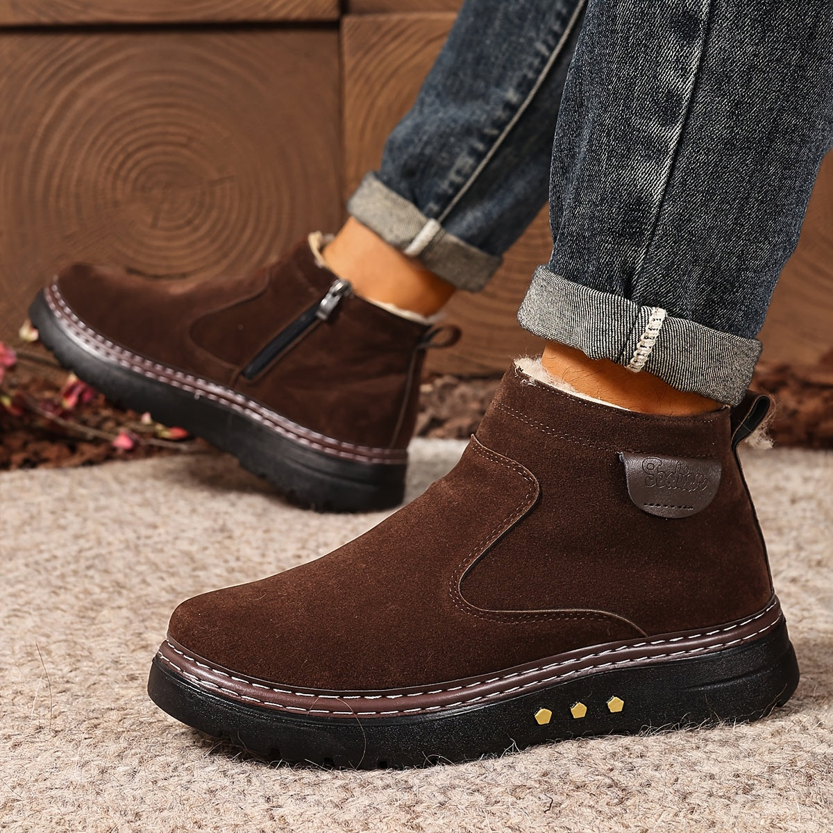 Men's Winter Ankle Boots - Slip-On Snow Boots with Fleece Lining & Thick PU Sole, Brown/Black - Slip-Resistant Traction Tread - Warm Thermal Boots for Ice, Snow, and Cold Weather - Ideal for Everyday, Formal, or winter activi