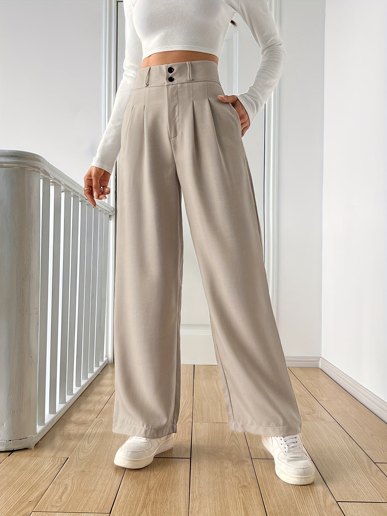 Women's High-Waisted Straight-Leg Pants - Light Beige Casual Polyester Blend with Button Details, Machine Washable, All-Season Comfort for Casual Attire, Cute Pants
