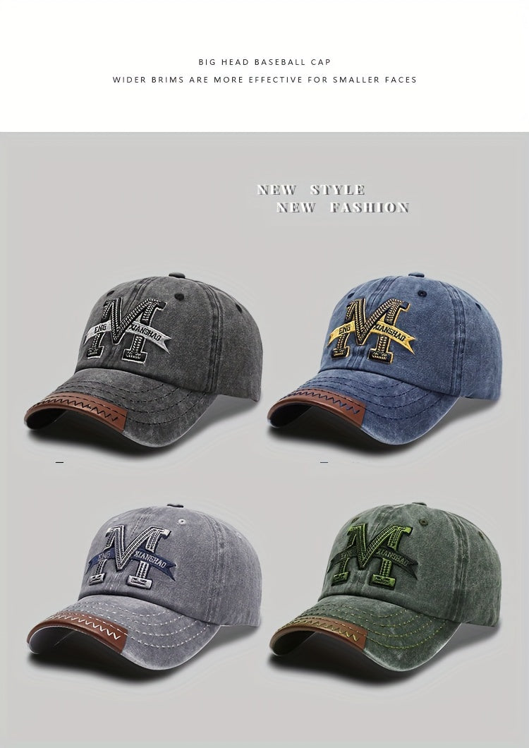 Spring And Autumn Retro Washed Denim Duckbill Cap, Fashionable Outdoor Sun Baseball Hat, With Old Letter M Embroidery, For Men Women