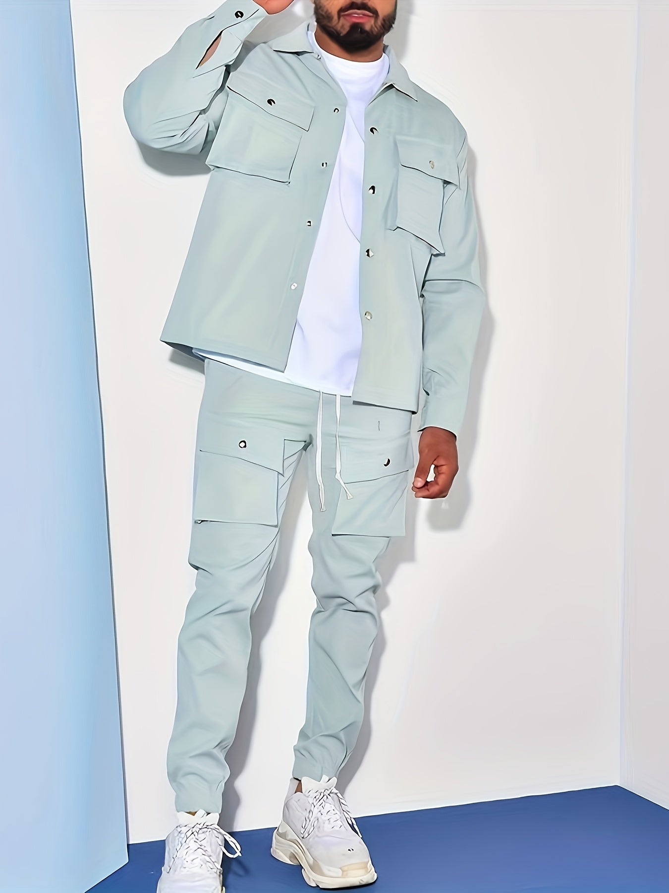 Men'S Casual Polyester Suit Set, Solid Color, Non-Stretch, Regular Fit, with Lapel Collar, Pocket Details, for Hiking, Daily Wear, and Special Occasions, Spring/Fall, Fall/Winter
