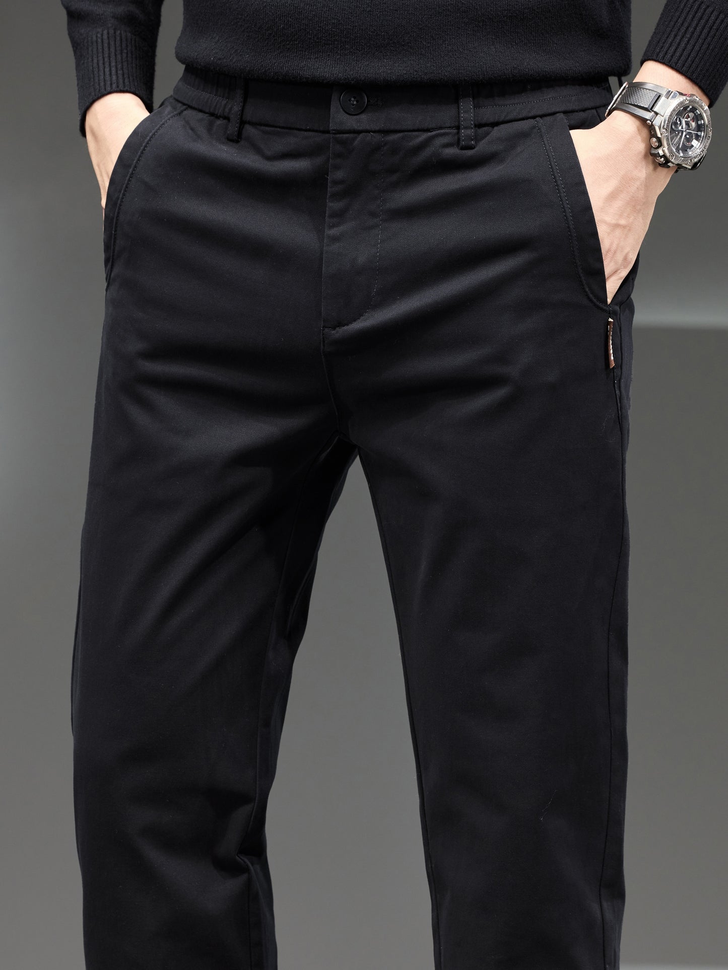 Men's Classic Business Trousers - Lightweight Polyester Straight-Leg Pants For Spring/Fall - Button Details - Non-Elastic Fabric - Solid Color - Regular Fit