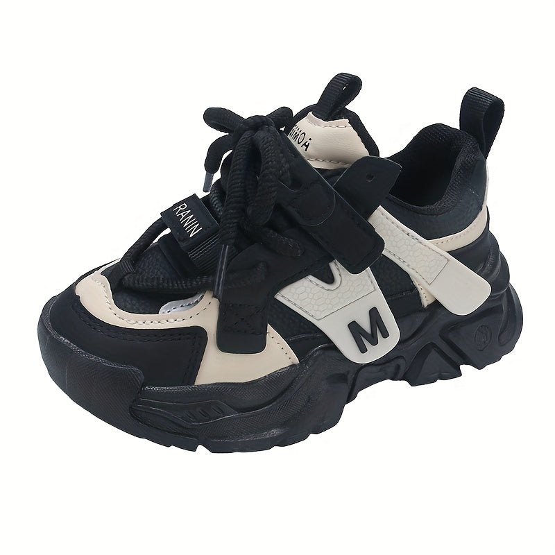 Kids' Chunky Sneakers - Breathable Mesh Running Shoes with Hook-and-loop Fastener Straps, Black & Brown Design for Boys & Girls, Casual & Sporty Style, All-Season Wear, Cute Shoes