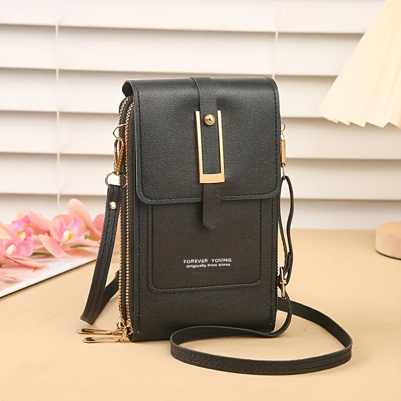 Touch Screen Mobile Phone Bag, Mini Flap Crossbody Bag, Fashion Faux Leather Purse, Vertical Wallet With Card Slots