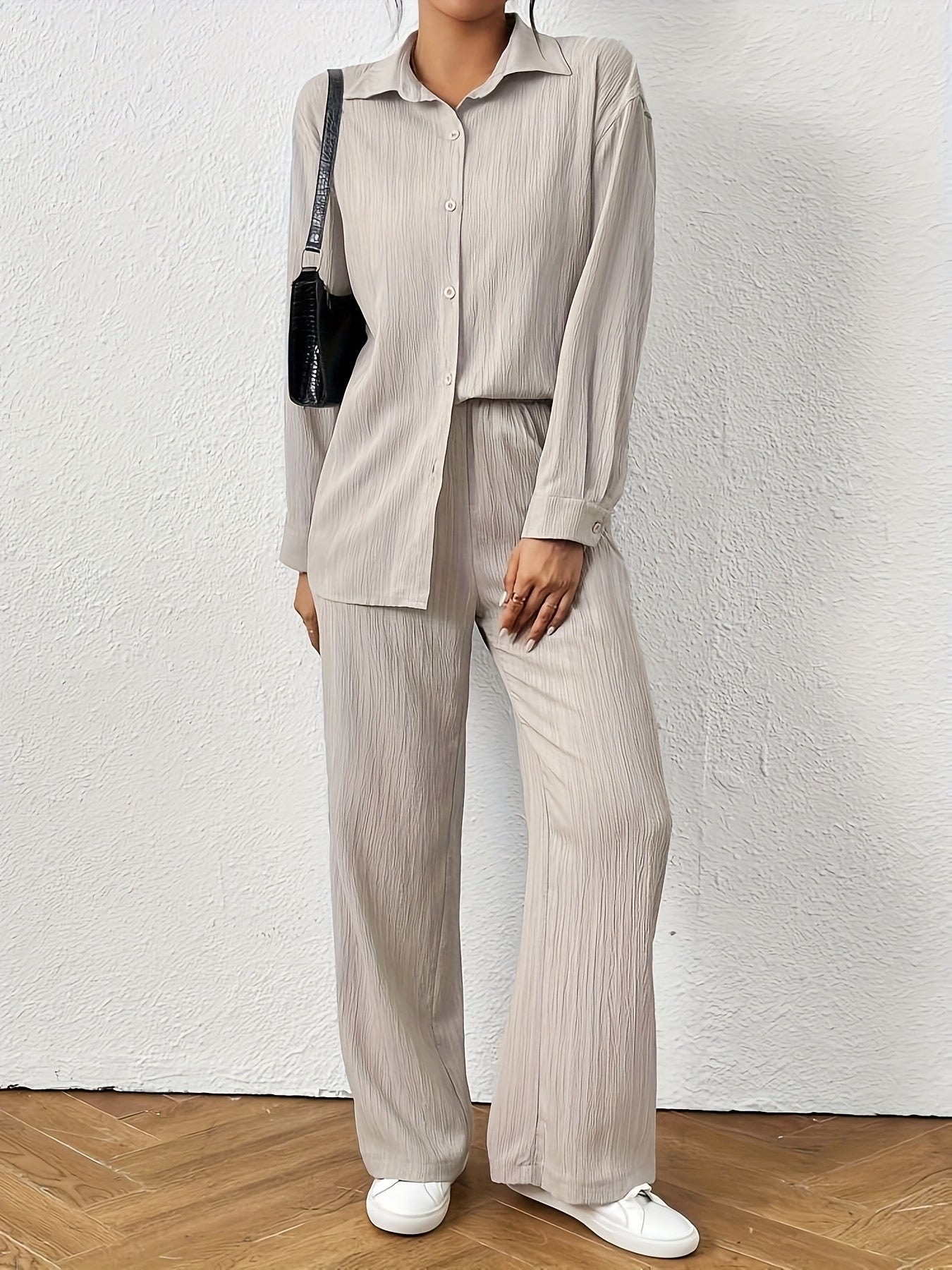 2pcs Women Spring & Autumn Casual Solid Color Long Sleeve Shirt And Pants Set