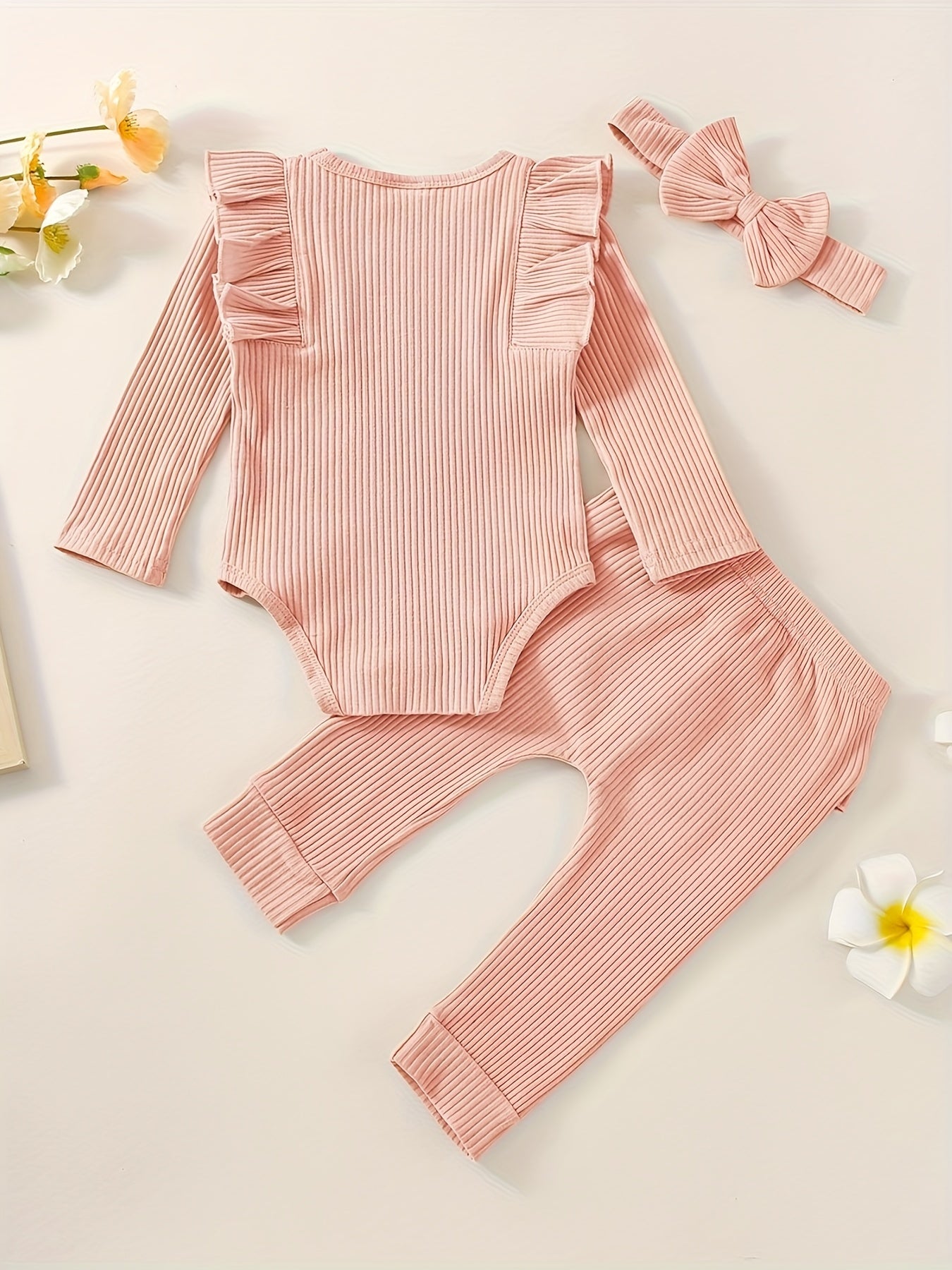3pcs Baby Girl Outfit Set, Cute Ribbed Ruffle Long Sleeve Romper & Pants, 95% Cotton 5% Spandex, Crew Neck Pullovers, Solid Color, Regular Fit, No Belt, Fall/Winter Knit Fabric, 0-18 Months, for Outdoor