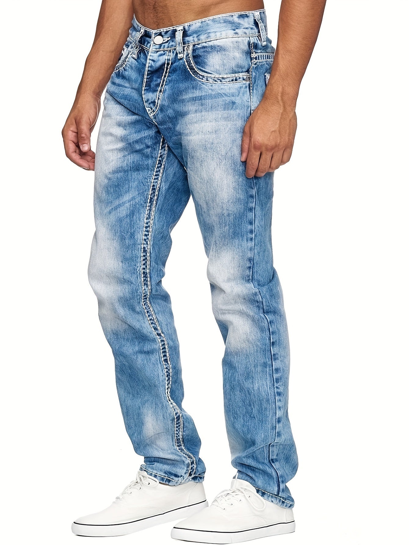 Men's Casual Slim Fit Stretch Jeans, Chic Street Style Distressed Denim Pants