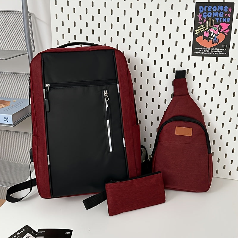 Three-piece minimalist computer backpack set, consisting of a lightweight shoulder bag, chest bag, and wallet, suitable for daily commuting and business use