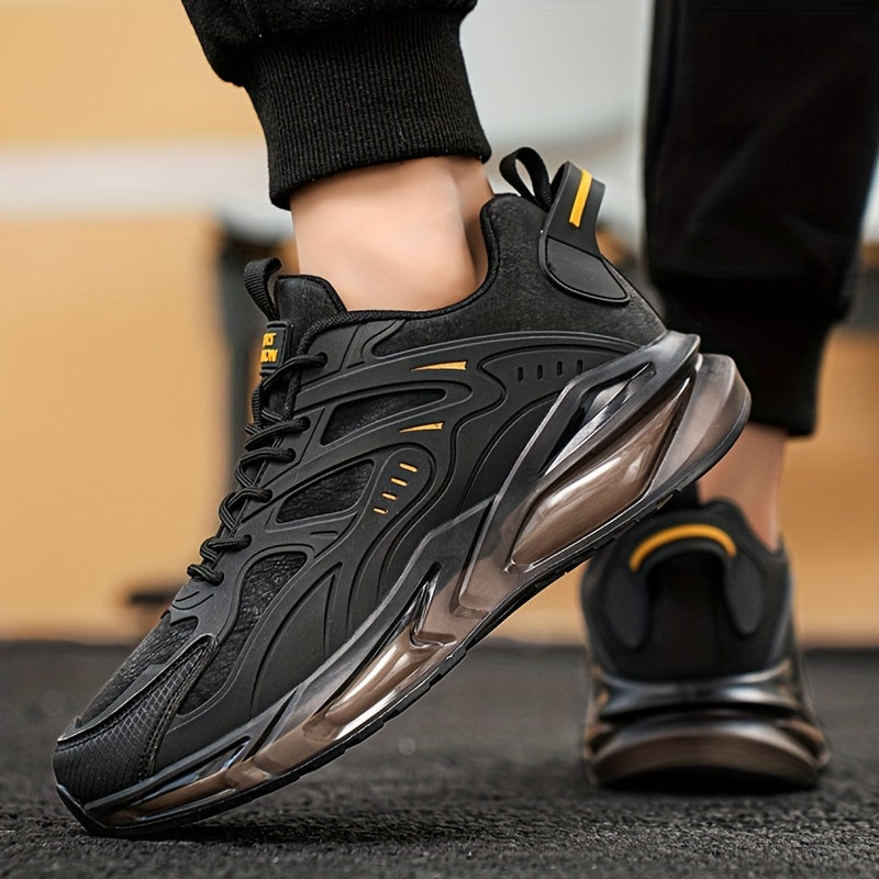 Men's Casual Sneakers - Breathable Low-Top Lace-Up Design, Durable PU Upper Cushioned PVC Sole for All-Season Comfort - Black with Yellow Accents - Ideal for Running, Hiking, Daily Wear, Hiking Footwear, Stylish Contrast Ac