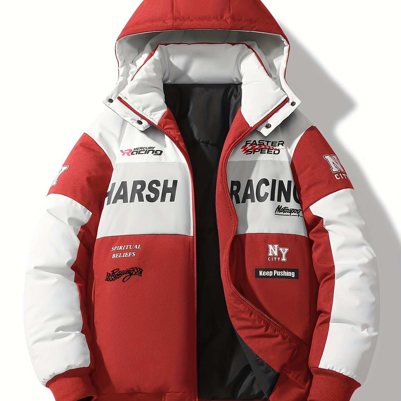 Men'S Casual Motorcycle Jacket, Warm Pilot Fashion Top 6023, 100% Polyester Hooded Collar with Alphabet Pattern, Long Sleeve Regular Fit, Non-Stretch Woven Fabric, Zipper Placket, with Pockets - 280gsm