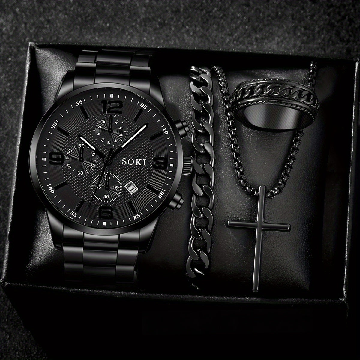 SOKI Men'S Casual Quartz Watch Set, 4pcs, Round Dial, Alloy Case, Stainless Steel Strap, Pointer Display, Calendar Feature, Non-Waterproof, Electronic Movement, Battery Powered, with Silvery Cross Pendant Necklace Ring Bracel