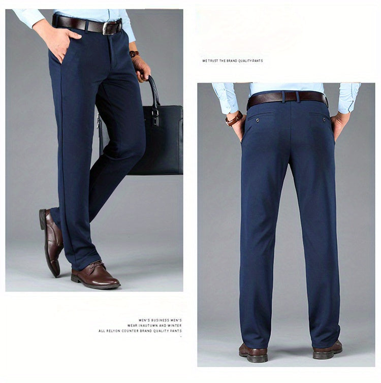 Men's Sleek Business Casual Dress Pants - Solid Black, Straight Leg, Wrinkle-Resistant Polyester Blend, All-Season Formal Trousers with Button Detail