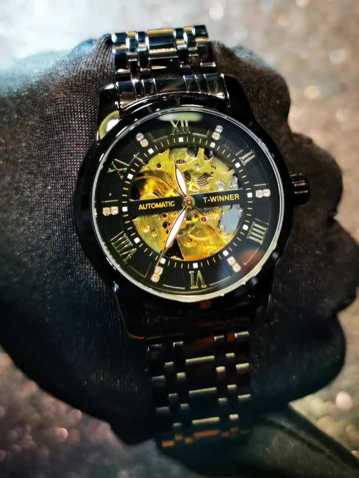 1pc Fashion Luxury Golden Skeleton Automatic Mechanical Watch for Men Luminous Hands Top Brand Stainless Steel Strap Business Casual Mens Watches Festival Birthday Gifts, TWINNER