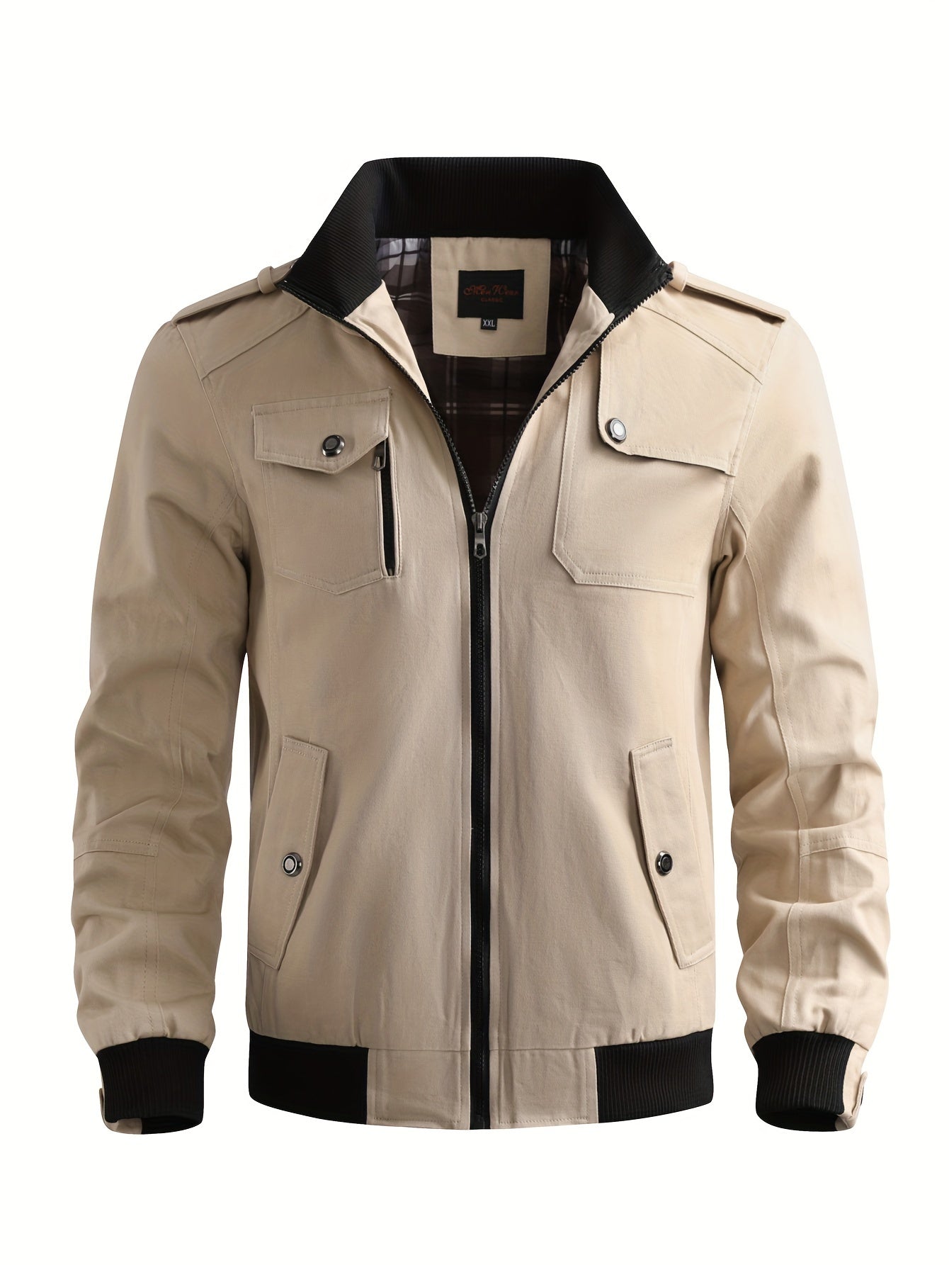 Men's Casual Bomber Jacket, Cotton Stand Collar Windbreaker Jacket With Pockets For Fall Winter