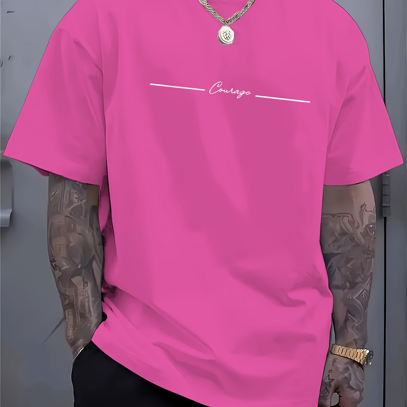 Men'S Casual Crew Neck T-Shirt with Trendy English Print, 95% Polyester 5% Elastane, Slight Stretch Knit Fabric, Regular Fit, Summer Wear - MBDMBD