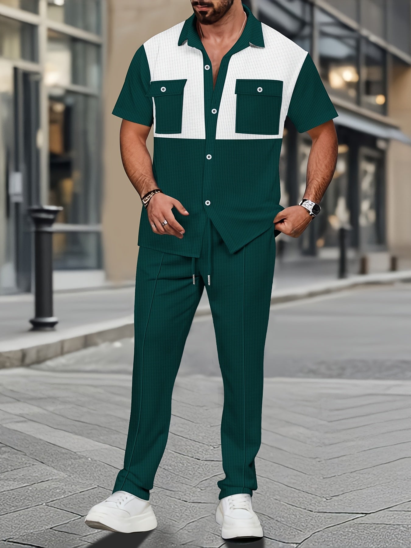 Men's Summer Two-Piece Set, Waffle Fabric Contrast Color with Pockets Short-Sleeved Shirt + Casual Trousers Suit, Leisure Light Business Vacation Daily Multiple Scenes
