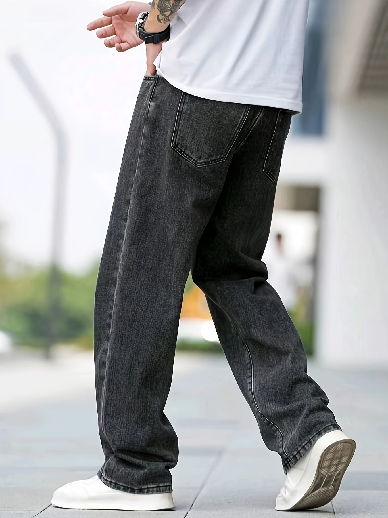 1pc Men'S Mid-Waist Loose Fit Denim Jeans - Street Style Solid Color Cotton Blend Pants with Flakes Detail, Zipper Fly, Belt Loops, All-Season Comfort for Weekend Casual Wear